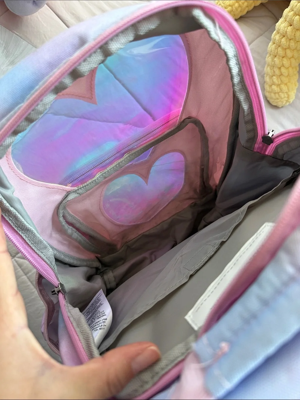 Pottery Barn Kids Pink Backpack with Iridescent Heart Windows